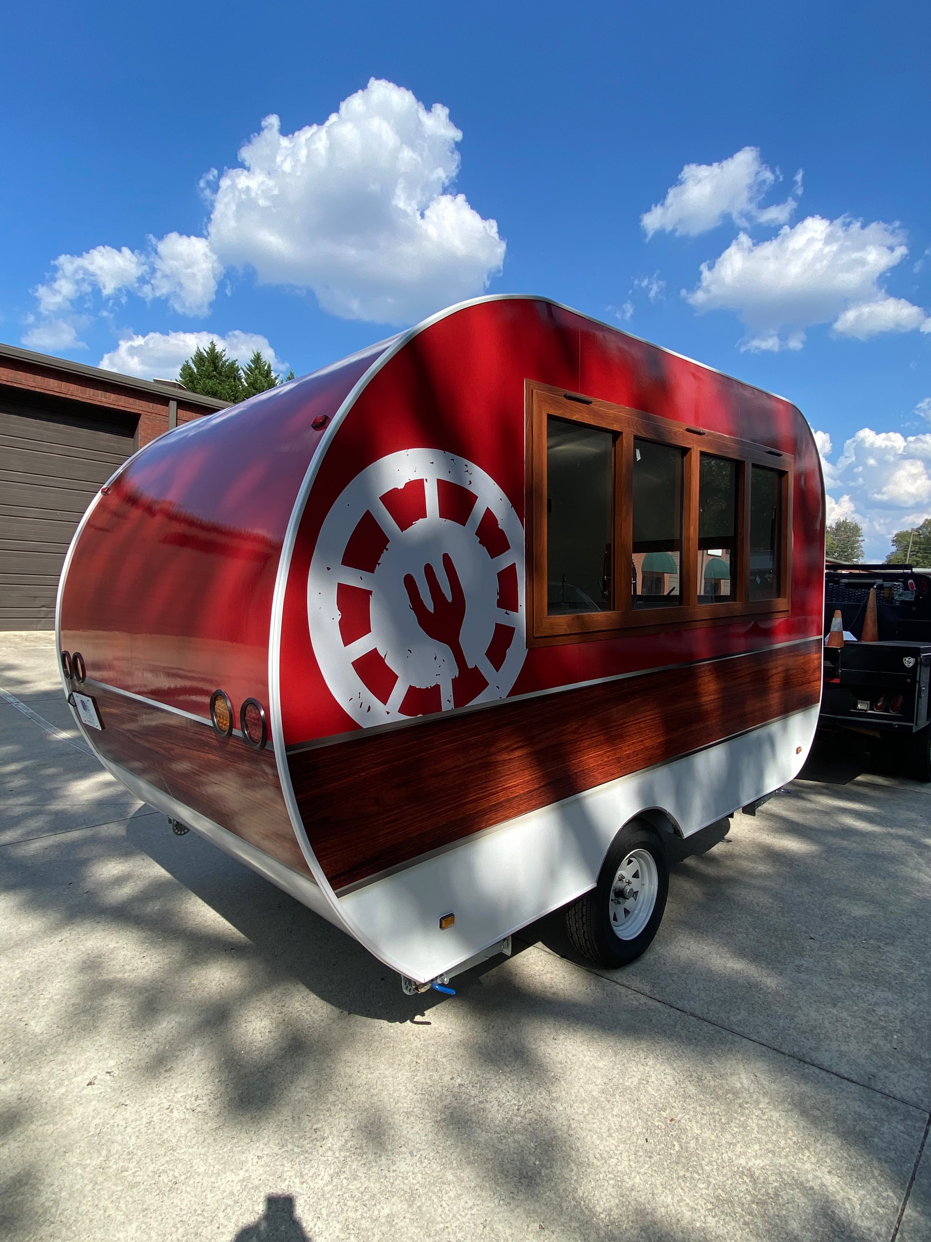 Custom red specialty trailer, rear view